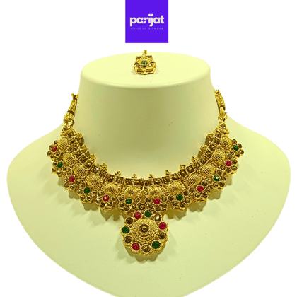 Parijat Elegant Luxury Handcrafted Gold Plated Necklace Jewellery Set with Earrings And Mangtika, AD, Multi Coloured Stone