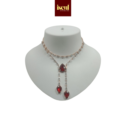 Iseul Showline - Luxury Handcrafted Rose Gold Short Necklace Set with Heart Shape Pendant, matching Earrings, Red