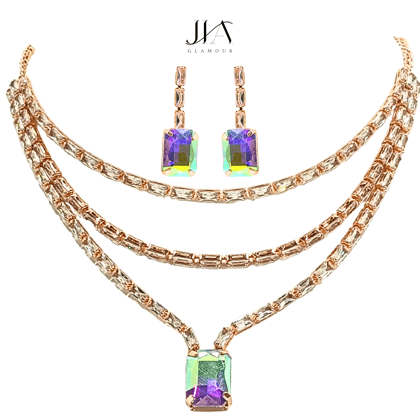Jia Glamour Luxury Handcrafted Rose Gold Plated AD Necklace Set with Earrings Multiglow