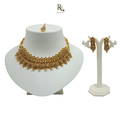 R&B Luxury Handcrafted Gold Plated Necklace Set with Earrings And Mangtika, AD Brown, Suited for Party Wedding Festive for Women