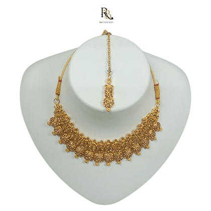 R&B Luxury Handcrafted Gold Plated Necklace Set with Earrings And Mangtika, AD Brown, Suited for Party Wedding Festive for Women