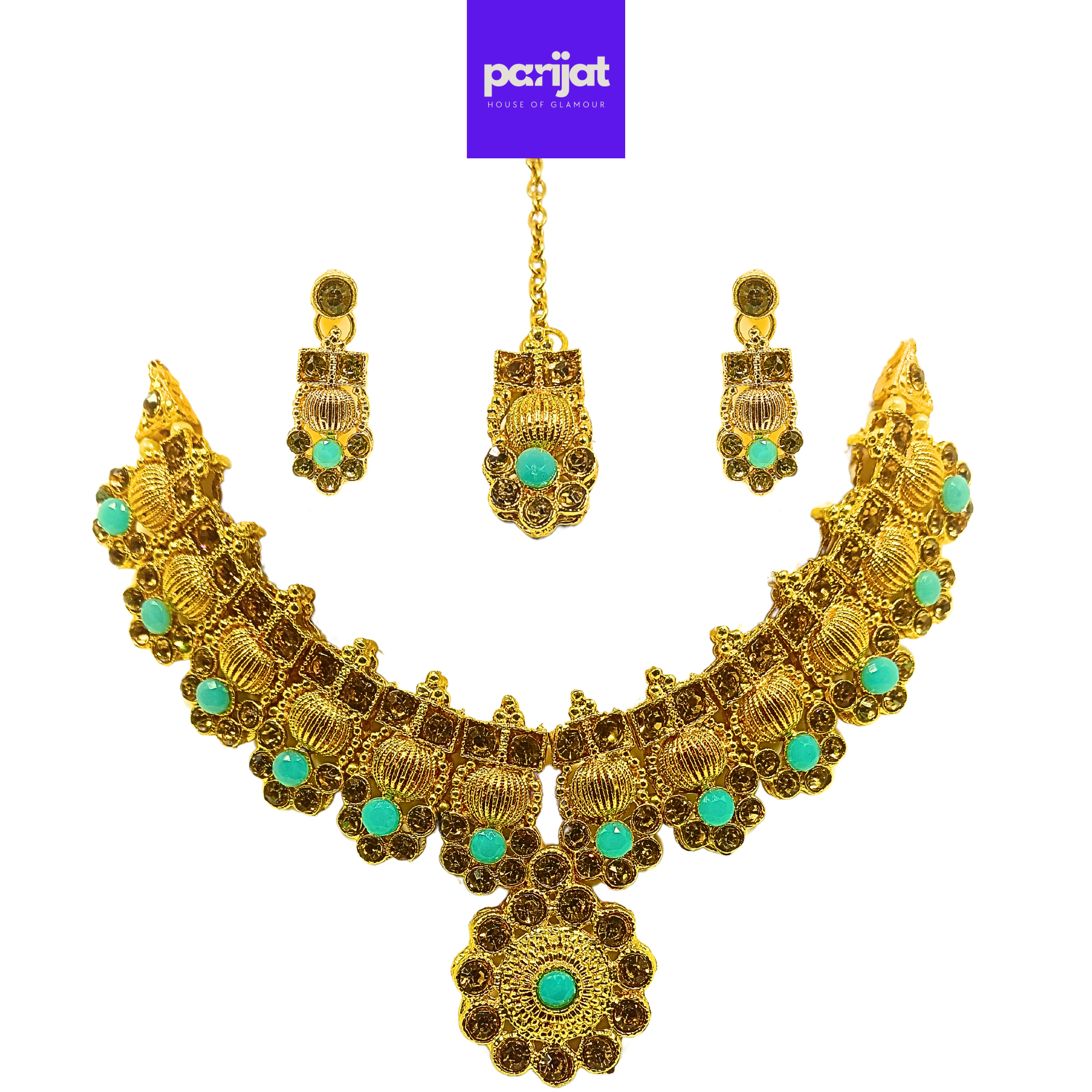 Parijat Elegant Luxury Handcrafted Gold Plated Necklace Jewellery Set with Earrings And Mangtika, AD, Sea Blue Stone