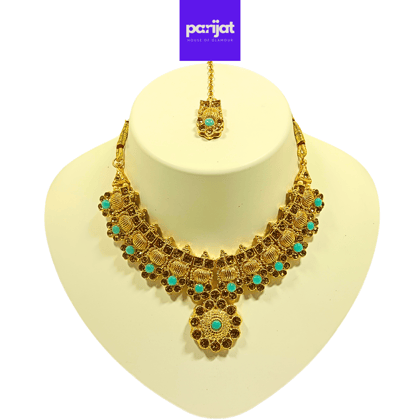 Parijat Elegant Luxury Handcrafted Gold Plated Necklace Jewellery Set with Earrings And Mangtika, AD, Sea Blue Stone