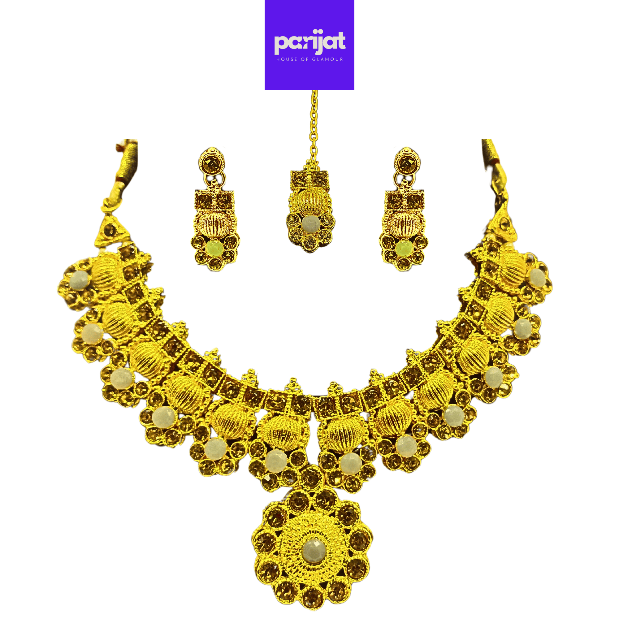 Parijat Elegant Luxury Handcrafted Gold Plated Necklace Jewellery Set with Earrings And Mangtika, Grey Stone