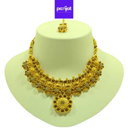 Parijat Elegant Luxury Handcrafted Gold Plated Necklace Jewellery Set with Earrings And Mangtika, Grey Stone