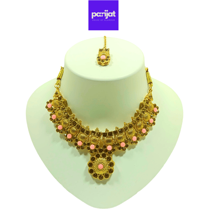 Parijat Elegant Luxury Handcrafted Gold Plated Necklace Jewellery Set with Earrings And Mangtika, Baby Pink Stone