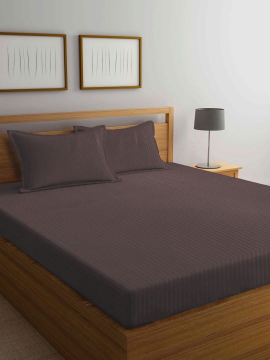 Brown Striped 300 TC King Bedsheet with 2 Pillow Covers