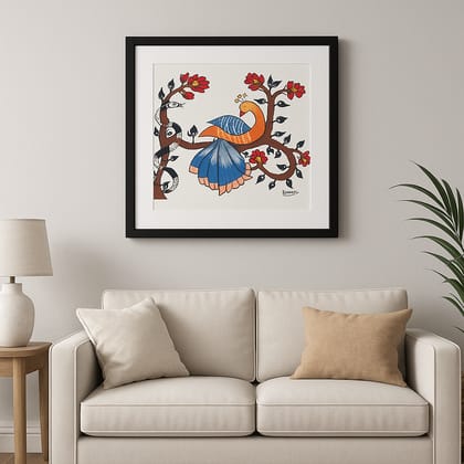 Framed Sohrai Art – Hand-Painted Tribal Peacock Design (10x12 inch) Framed Sohrai Art – Hand-Painted Tribal Peacock Design (10x12 inch)