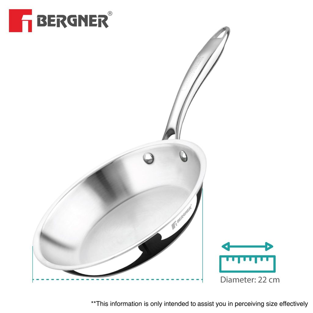 BERGNER Argent TriPly 22cm Frypan/Steel Pan, Scratch Resistant, for Spice Tempering/Seasoning, - Induction and Gas Stove Ready