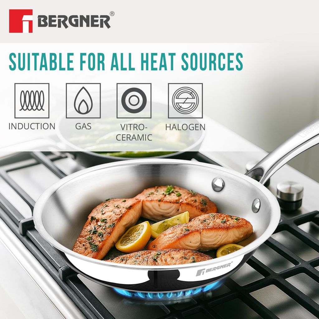 BERGNER Argent TriPly 22cm Frypan/Steel Pan, Scratch Resistant, for Spice Tempering/Seasoning, - Induction and Gas Stove Ready