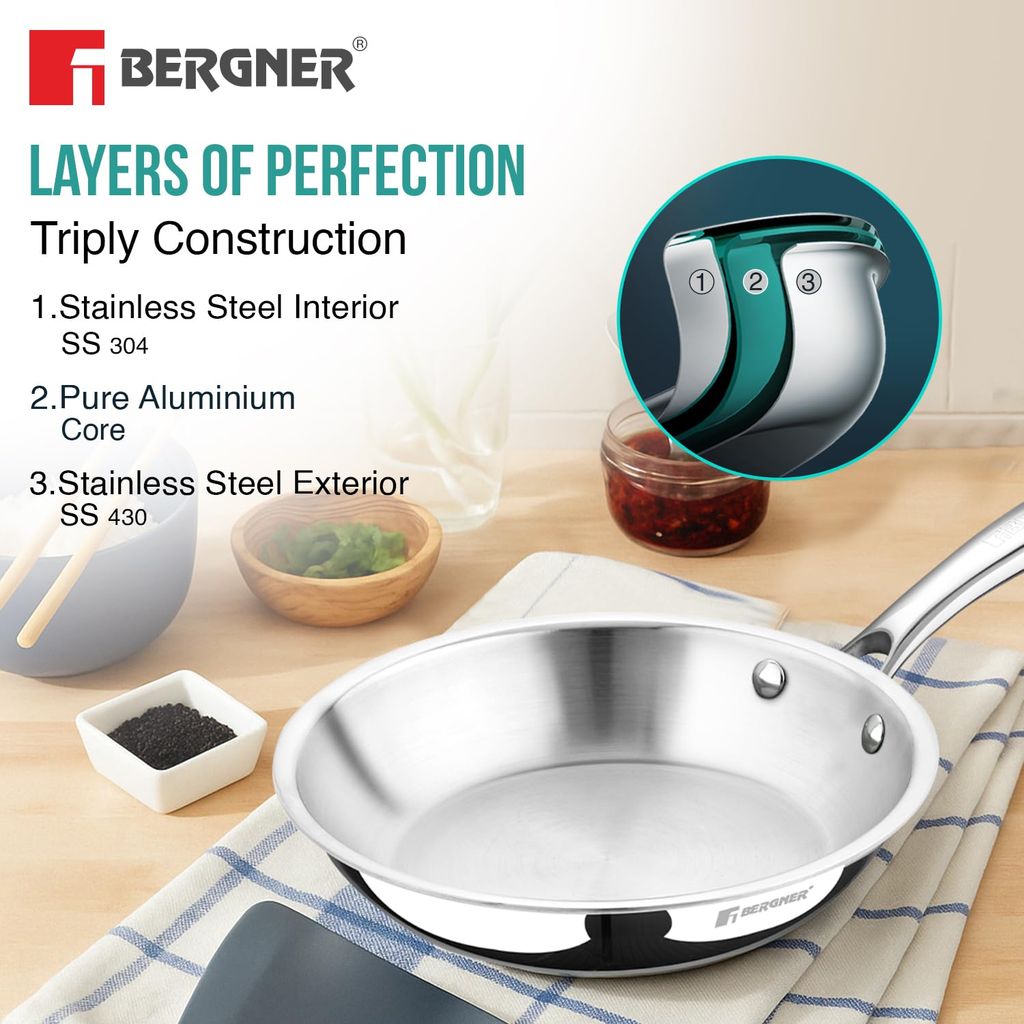 BERGNER Argent TriPly 22cm Frypan/Steel Pan, Scratch Resistant, for Spice Tempering/Seasoning, - Induction and Gas Stove Ready