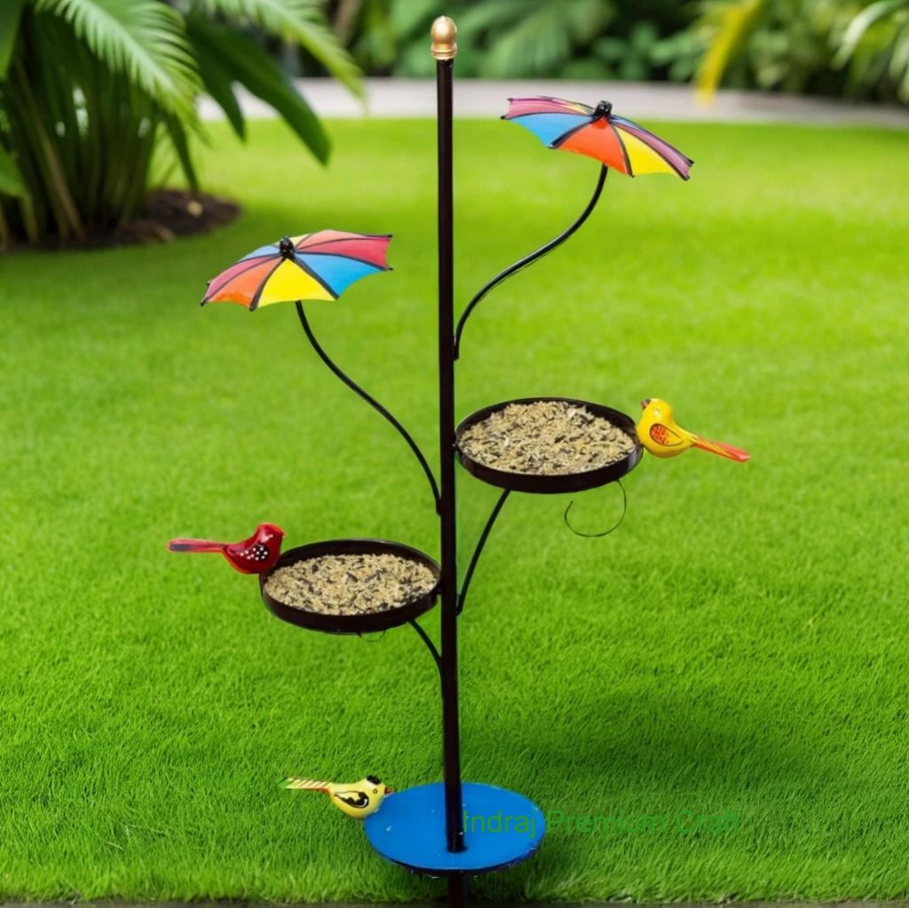 Indraj Premium Craft Decorative Metal Bird Feeder Stand Water Bowl & Dual Feeding Trays, Garden Decor Ground Bird Feeder