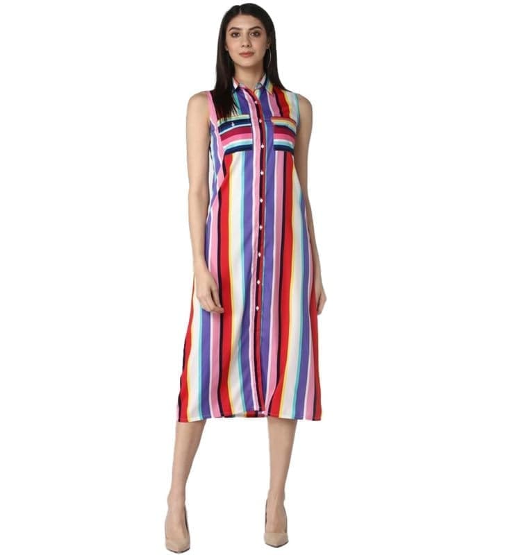 Women's Polyester Striped Sleeveless Calf-Length Dress (Multicolor, M)-PID55775