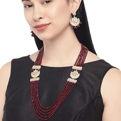 Elegant Multi-Strand Ruby Bead Necklace Set with Kundan and