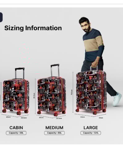 56Cms, Hardsided Cabin Trolley Bag for Travel, Eco Polycarbonate Printed Luggage, Combination Lock,8 Wheel Trolley Bag, Suitcase for Unisex, 2000 Days Warranty (Black, Spinner)