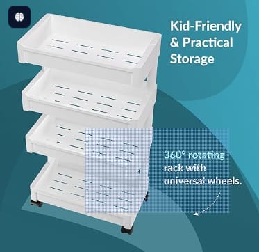 4-Layer Plastic Stackable RKuber Industries 4-Layer Plastic Stackable Rack for Storage Multipurpose with Wheels | Moveable Basket & Book Shelf for Kids Room | Portable Side Rack for Living Room, Study Room & Office | White