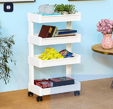 4-Layer Plastic Stackable RKuber Industries 4-Layer Plastic Stackable Rack for Storage Multipurpose with Wheels | Moveable Basket & Book Shelf for Kids Room | Portable Side Rack for Living Room, Study Room & Office | White