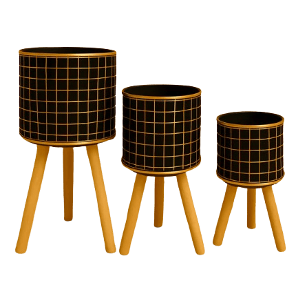 HOME DECOR Set of 3 Modern Black & Gold Grid Planters with Wooden Stands – Decorative Metal Plant Pots