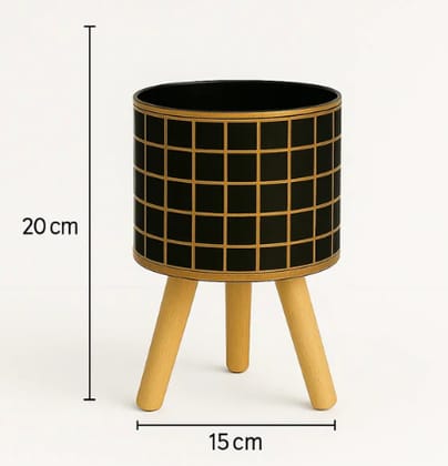 HOME DECOR Set of 3 Modern Black & Gold Grid Planters with Wooden Stands – Decorative Metal Plant Pots