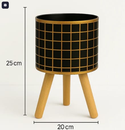 HOME DECOR Set of 3 Modern Black & Gold Grid Planters with Wooden Stands – Decorative Metal Plant Pots