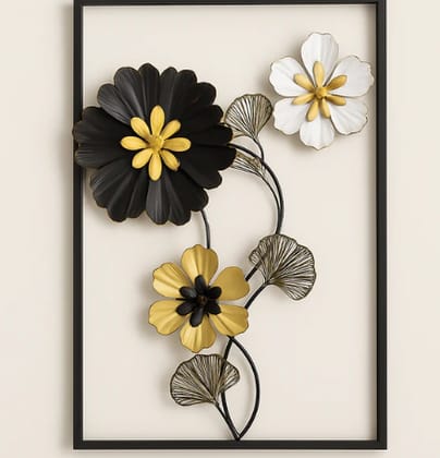 HOME DECOR Elegant Metal Floral Wall Art – Black, Gold & White 3D Flower Frame Décor