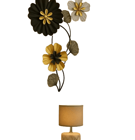 HOME DECOR Elegant Metal Floral Wall Art – Black, Gold & White 3D Flower Frame Décor