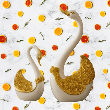 HOME DECOR Elegant Golden Swan Couple Showpiece – White & Gold Resin Figurine with Rose Detailing