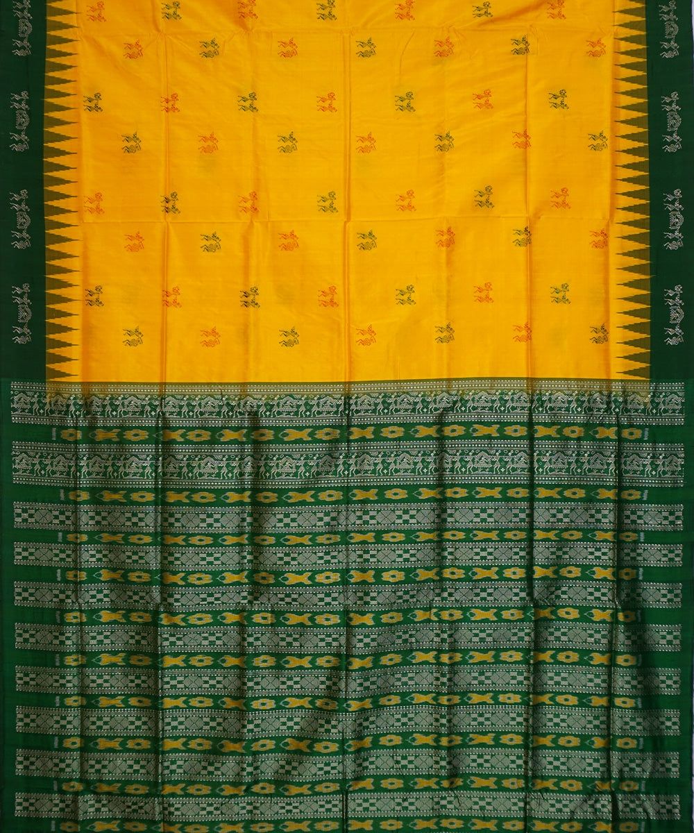 Golden yellow dark green handwoven silk bomkai saree