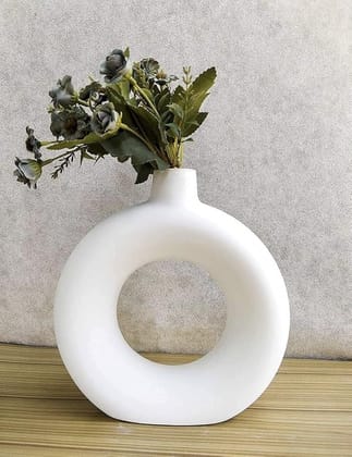 White Ceramic Donut Vase, 6 Inch Modern Flower Vase for Pampas Grass, Dried Flowers, Home & Office Decor, Centerpiece, Handcrafted Gift Vase Only