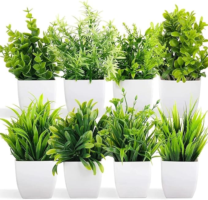 Artificial Potted Plants, 8 Pack Artificial Plastic Eucalyptus Plants Small Indoor Potted Houseplants, Small Faux Plants for Home Decor Bathroom Office Farmhouse (Set 0F 8)
