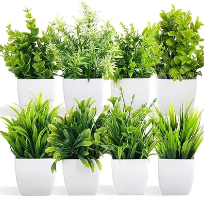 Artificial Potted Plants, 8 Pack Artificial Plastic Eucalyptus Plants Small Indoor Potted Houseplants, Small Faux Plants for Home Decor Bathroom Office Farmhouse (Set 0F 8)