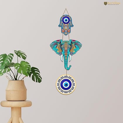 Designer Elephant Wooden Wall Hanging for Home Decor | Hamsa Hand Decoration for Livingroom | Modern Artworks Items | Peace Charm Door Accent Decorative Hangings