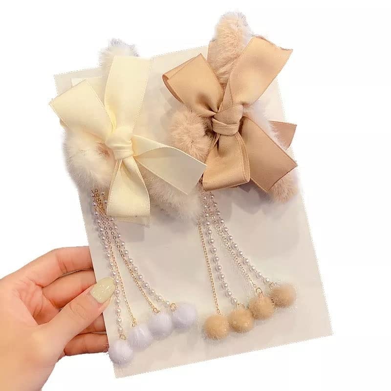 Cute Furry Hair Clip with Bow & Dangling Pearl Chains