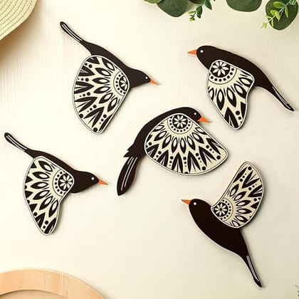 Wooden 3D 5 Pieces Birds on Rope Wall Art Panel | Wood Bird Folk Art Wall Hanging Art Decoration Item for Living Room, Bedroom, Drawing Room, Dining Room & Office (Black)(Style 1)