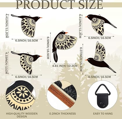 Wooden 3D 5 Pieces Birds on Rope Wall Art Panel | Wood Bird Folk Art Wall Hanging Art Decoration Item for Living Room, Bedroom, Drawing Room, Dining Room & Office (Black)(Style 1)
