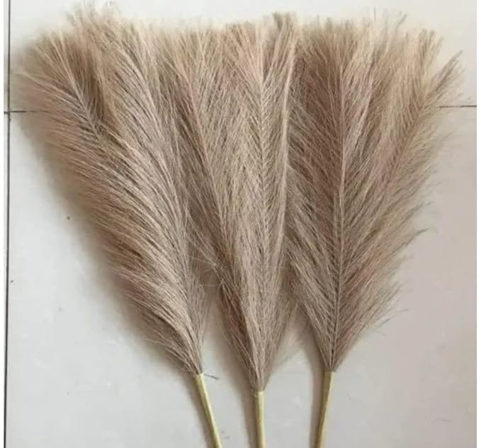 3 Pcs Artificial flowers Faux Pampas Grass small Fluffy Fake Flower Plant for Home Decor,Office, Bedroom, Items Corner,Dried Plants (Without Vase pot)(Brown)Silk