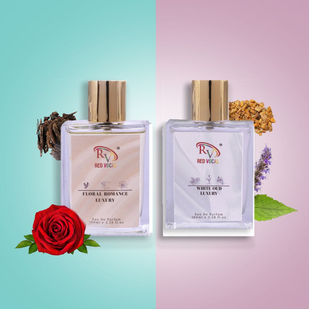 Red Vocal Floral Romance Luxury (Women) with White Oud Luxury (Unisex) 100ml Perfume Spray Set of – 2 (100mlx2)