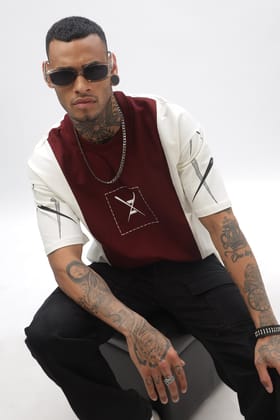 CrossBlock Maroon & Cream Dropshoulder Tee-M