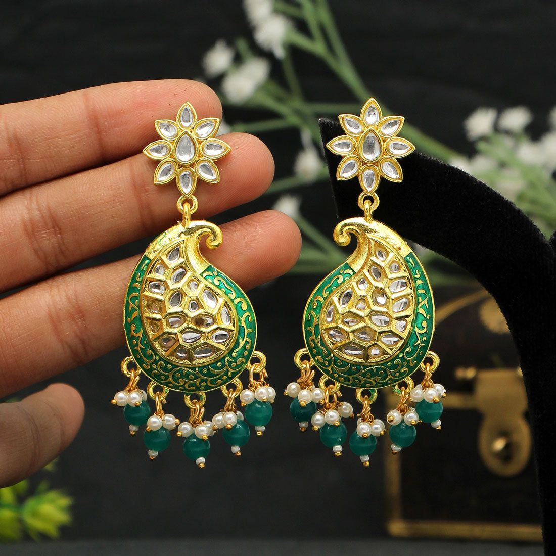 Green Color Meenakari Earrings (MKE1760GRN)-Length: 7.50 CM x Width: 2.50 CM / Green / Alloy With Good Quality Gold Plated