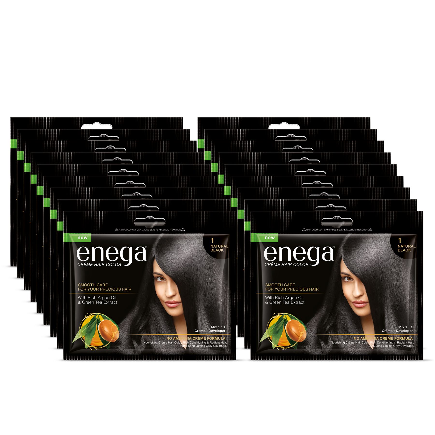 Enega Natural Black Creme Hair Color with Developer - No Ammonia, Long-Lasting Grey Coverage, Nourishing Formula