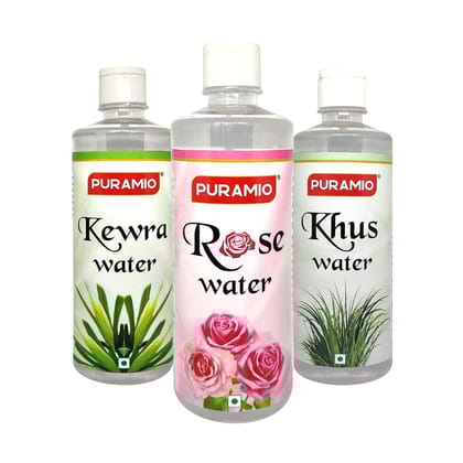 Puramio Combo Pack Of - Rose Water, Khus Water& Kewra Water For (Biryani, Cooking & Cosmetic Use), 500 ml Each - Pack of 3
