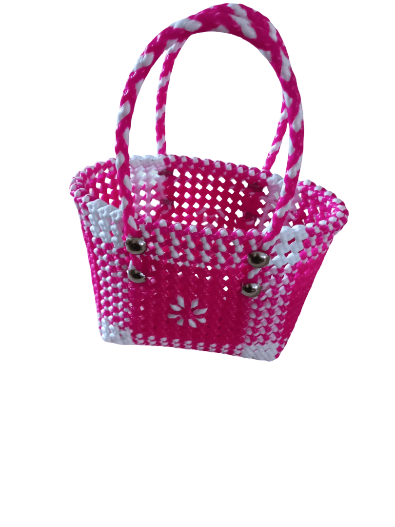 Handmade Pink and White Woven Basket with Handles