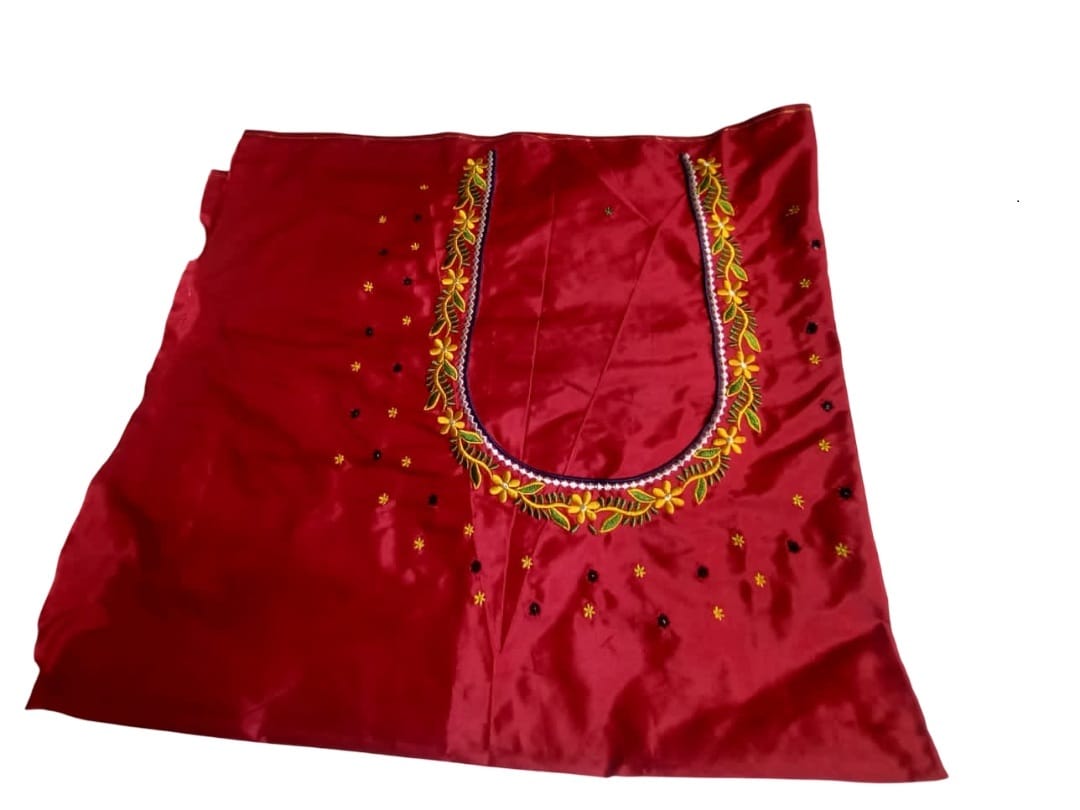 Red Silk Blouse with Floral Embroidery - Party Wear