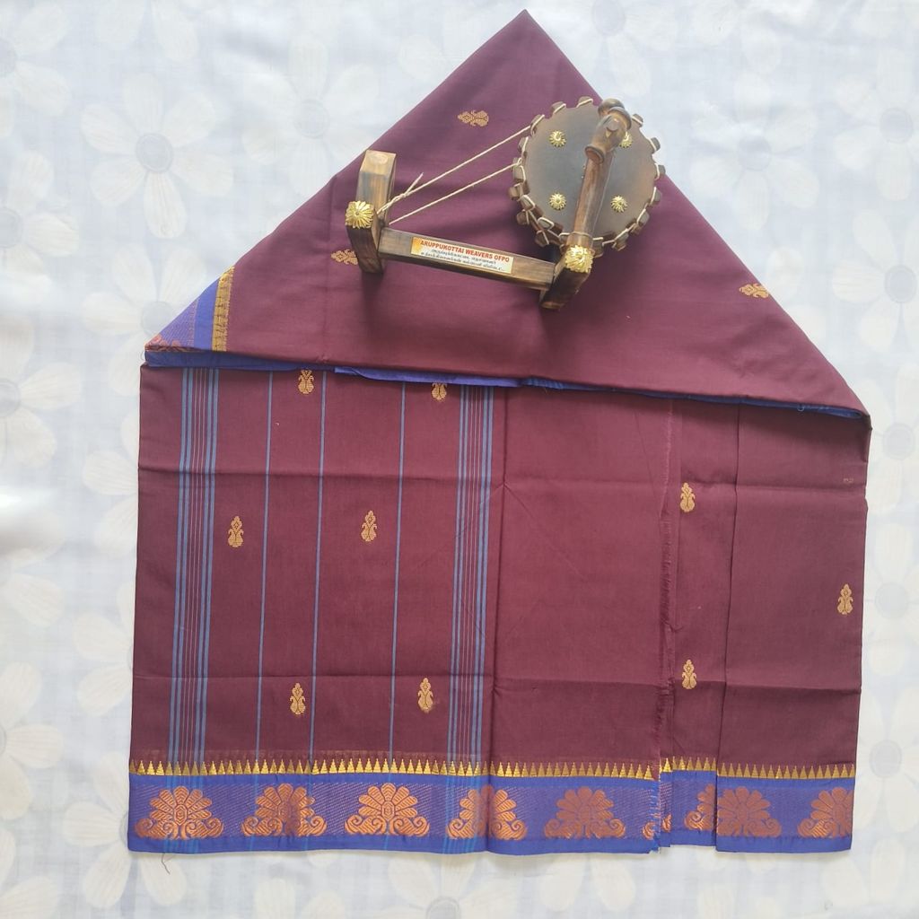 Cotton Saree without Blouse -Flower Border - Wine