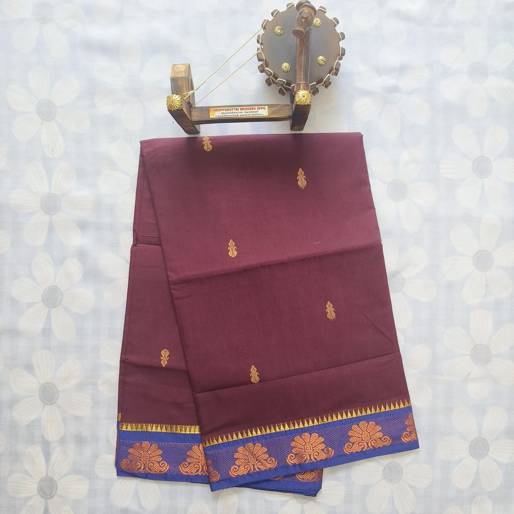 Cotton Saree without Blouse -Flower Border - Wine