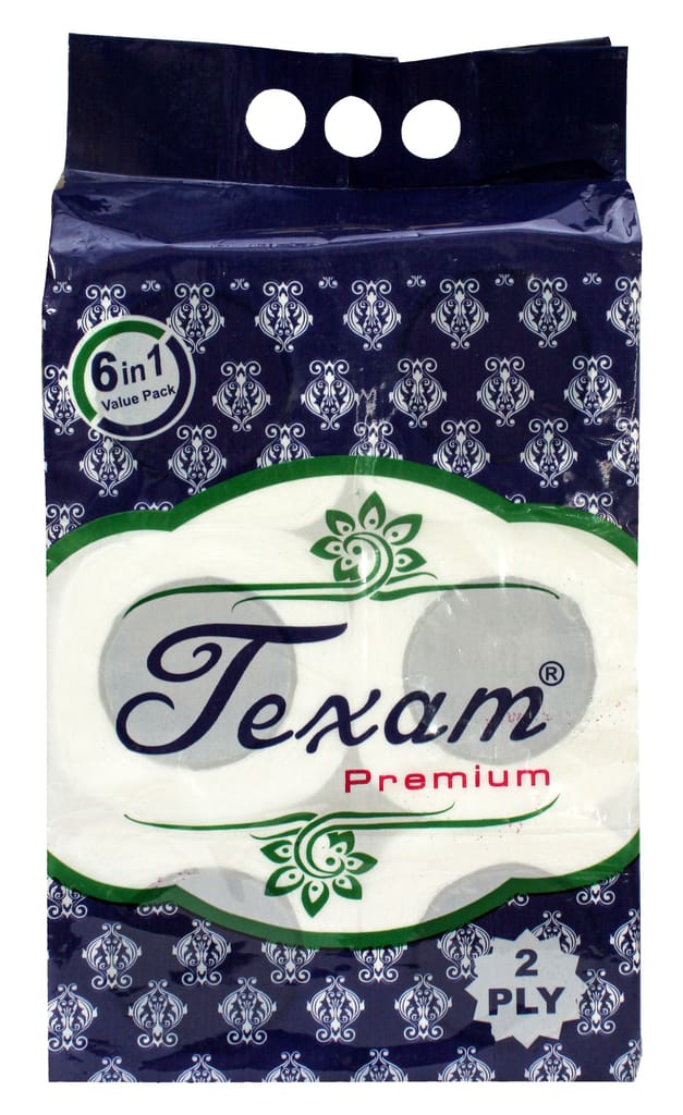 Texam 2 Ply Soft And Highly Absorbent Toilet Tissue Paper | 100% Natural Virgin Cellulose Fiber - Pack of 6 (220 Pulls Per Roll, 1320 Sheets)