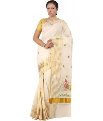 RSV FABRICS Kerela Cotton Saree With Unstitched Blouse Piece ( White,Beige )