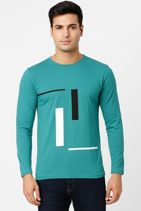 Men’s Sea Green Full Sleeve Cotton Blend T-Shirt with Abstract Graphic Print | Stylish Casual Wear