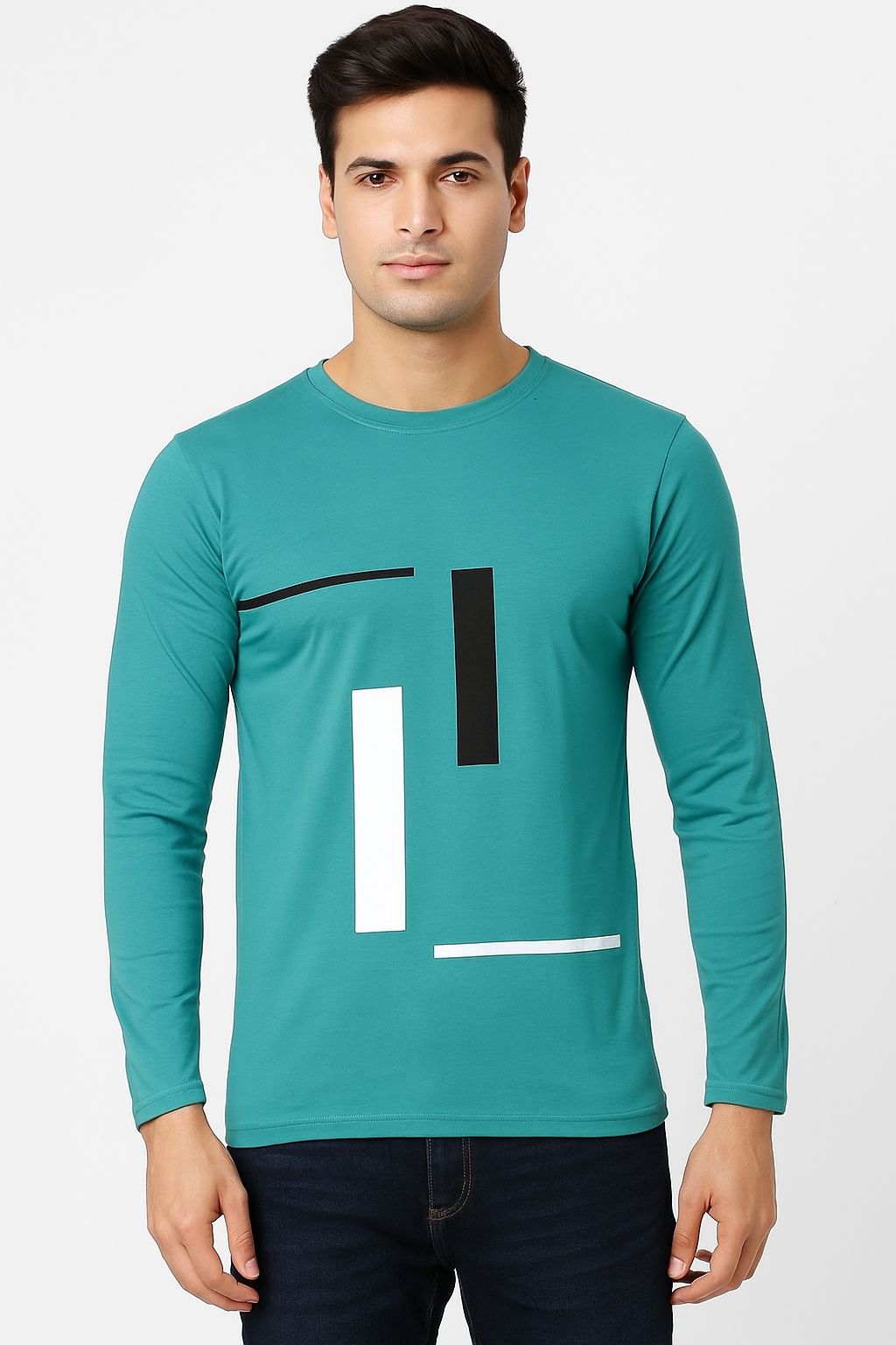 Men’s Sea Green Full Sleeve Cotton Blend T-Shirt with Abstract Graphic Print | Stylish Casual Wear