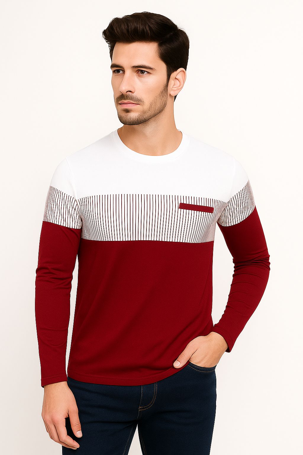 BASONTI Men's Color Block Long Sleeve T-Shirt - Maroon & White